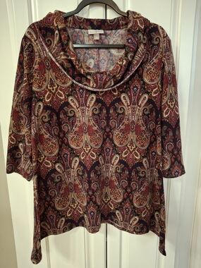 Soft Paisley Cowl Neck Women's Top - Burgundy Multi
